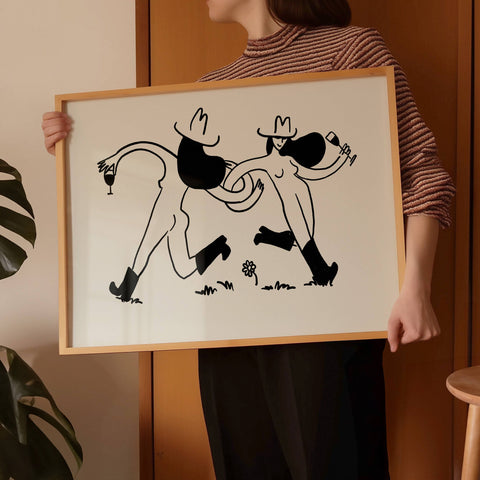 Frolicking Cowgirls With Wine Minimal Western Art Print: Medium