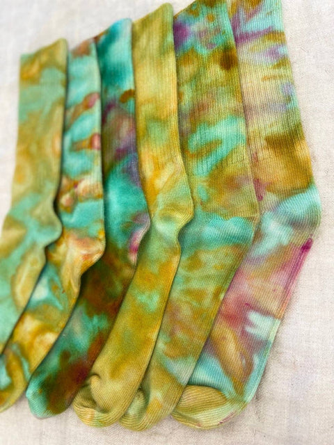 Soft hand dyed bamboo socks in greens and turquoise and pink: Adult