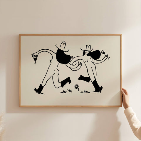 Frolicking Cowgirls With Wine Minimal Western Art Print: Medium