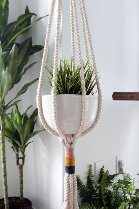 Cotton Macrame Plant Hanger, Pink, Mustard Yellow, Navy: 40 inches