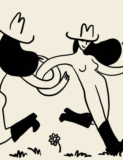 Frolicking Cowgirls With Wine Minimal Western Art Print: Medium