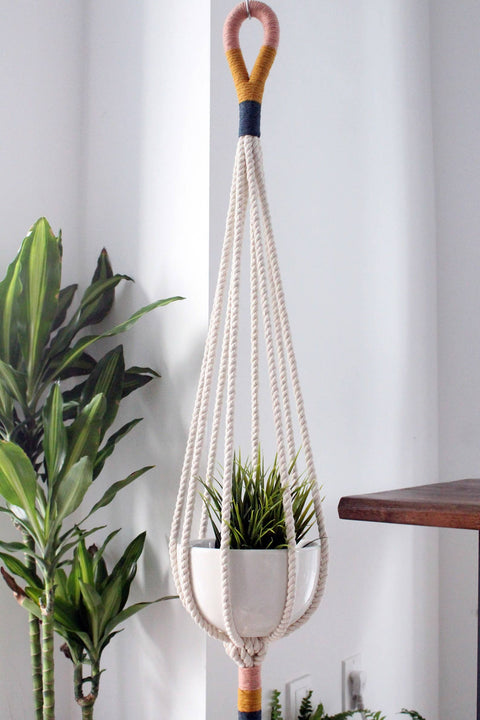 Cotton Macrame Plant Hanger, Pink, Mustard Yellow, Navy: 40 inches