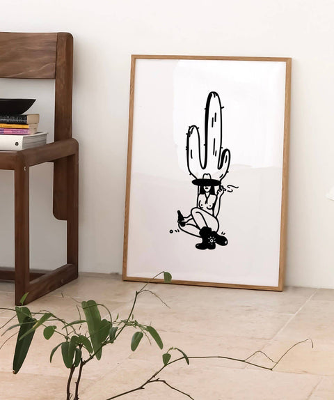 Cowgirl and cactus western inspired minimal art print
